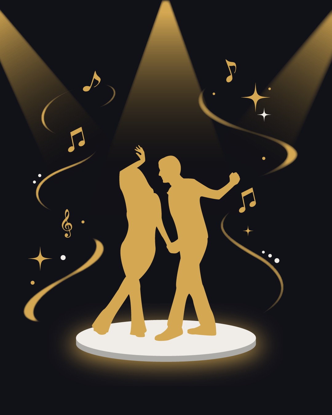Couple de danseurs de West Coast Swing en silhouette dorée sous les projecteurs